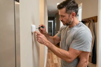 Homme installant un capteur d'alarme connectée sur le mur près de la porte d'entrée de sa maison