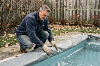 Homme installant une bâche d'hivernage sur une piscine extérieure en automne