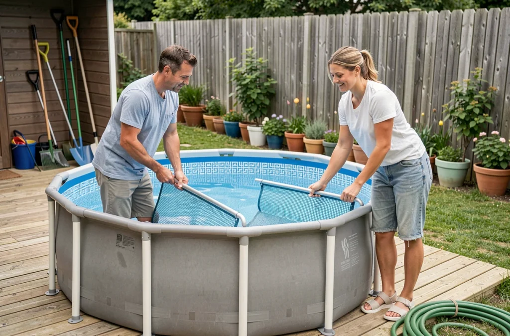 Parents installant une barrière de sécurité amovible autour d'une piscine hors-sol dans un jardin familial
