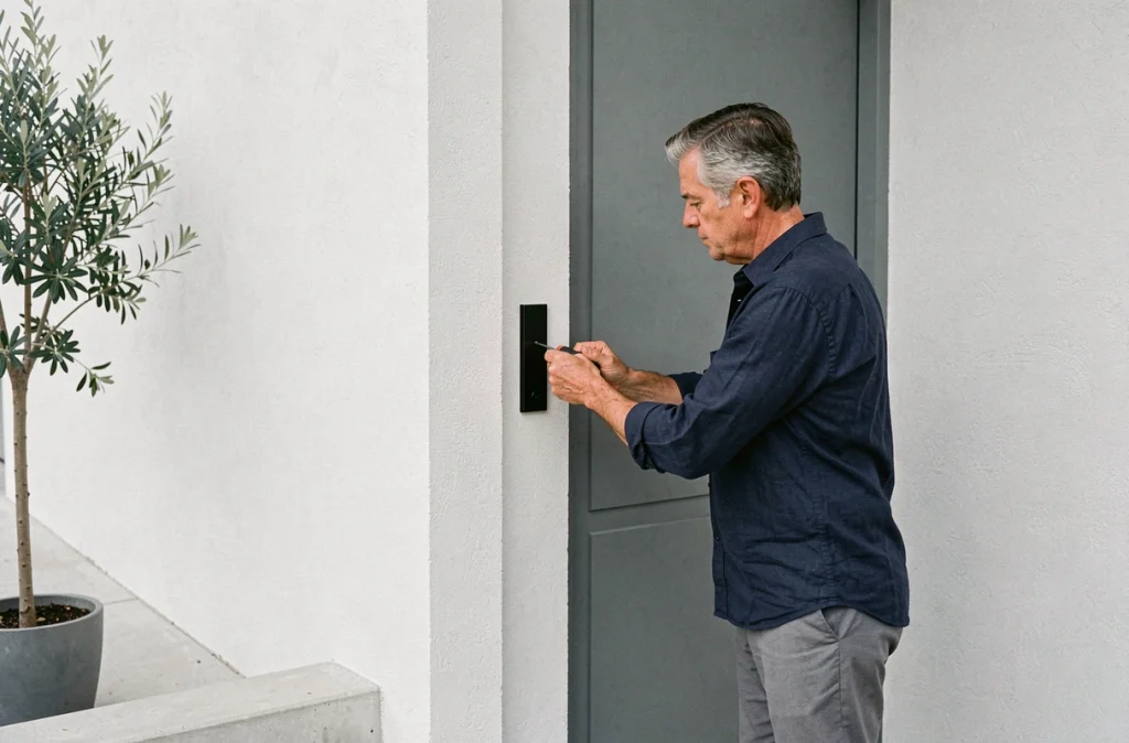 Homme installant une poignée de porte noire mate sur une porte d'entrée moderne minimaliste, pose de quincaillerie contemporaine