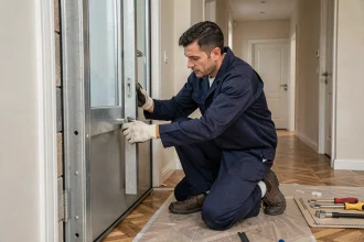 Serrurier professionnel installant une porte blindée dans une maison résidentielle moderne