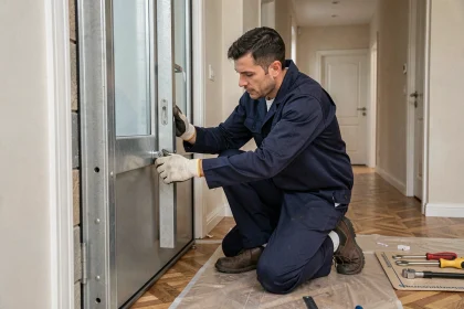 Serrurier professionnel installant une porte blindée dans une maison résidentielle moderne