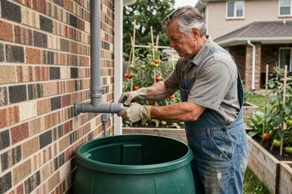 Homme installant un récupérateur d'eau de pluie avec déviateur de gouttière sur mur en brique dans un jardin potager