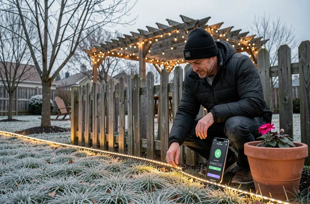Homme installant un ruban LED connecté le long d'une clôture de jardin avec son smartphone pour configurer l'éclairage de Noël extérieur