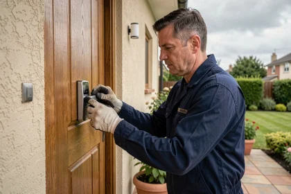 Technicien installant un verrou électronique sur une porte d'entrée résidentielle en chêne, illustrant l'évolution des normes de sécurité des accès