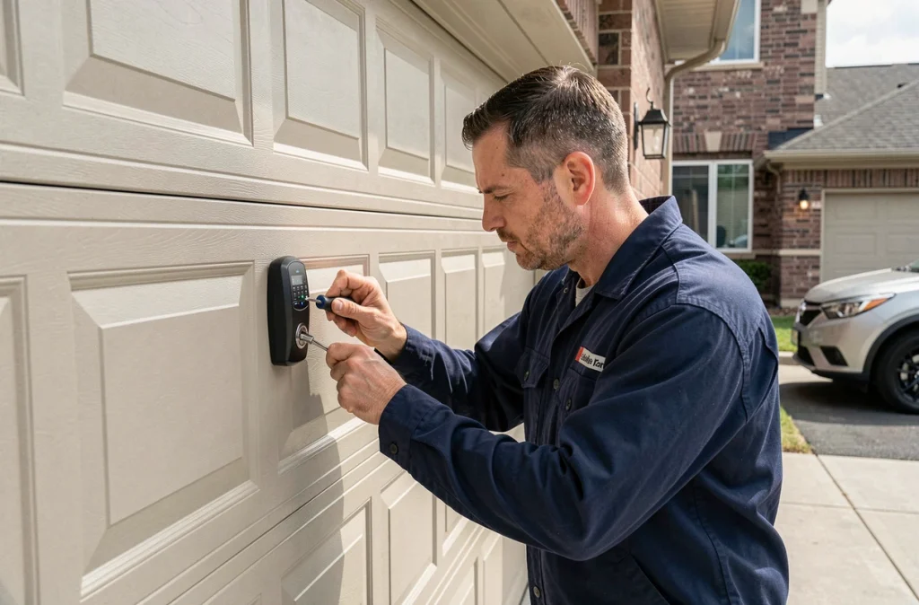 Technicien serrurier installant un verrou biométrique à empreinte digitale sur une porte de garage sectionnelle