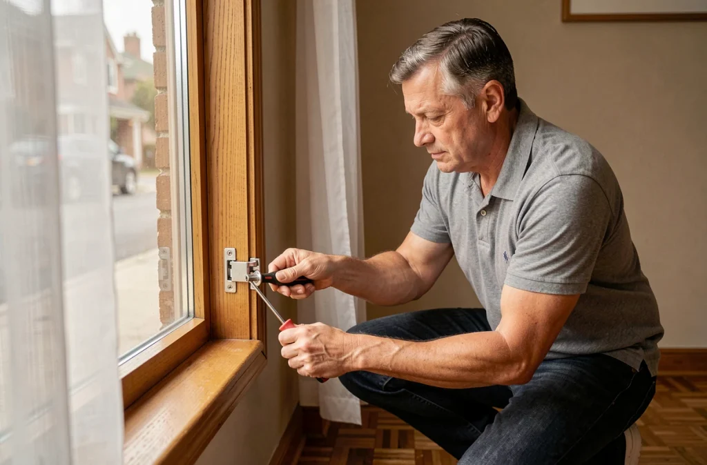 Homme installant un verrou de sécurité supplémentaire sur une fenêtre de rez-de-chaussée à l'intérieur d'une maison