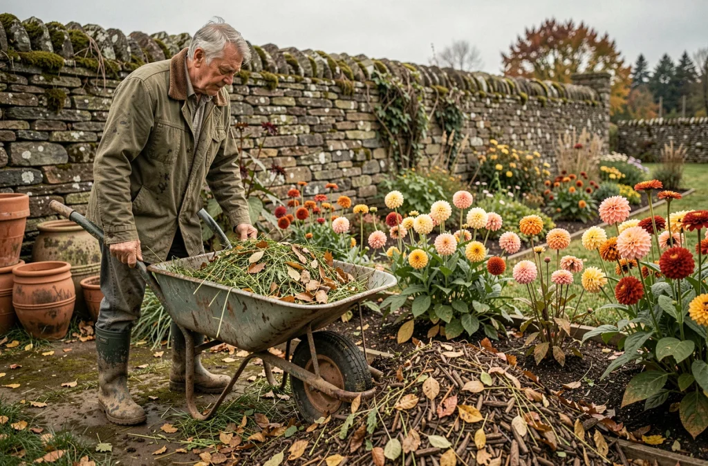 Jardinier senior avec brouette de feuilles mortes prêt à pailler un massif de dahlias et zinnias en automne