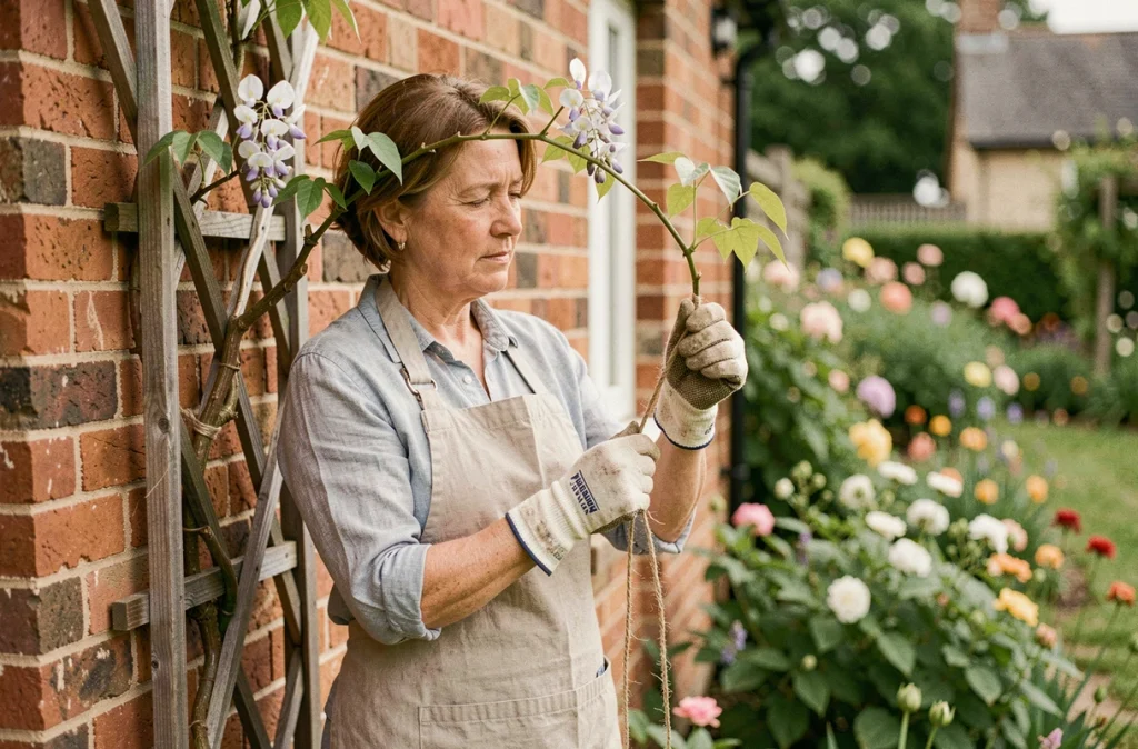 Femme jardinière fixant une glycine sur un treillis en bois contre un mur de briques rouges, avec des gants et un tablier en lin