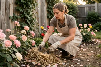 Jardinière appliquant du paillage de paille sèche autour d'un massif fleuri de roses dans un jardin suburban