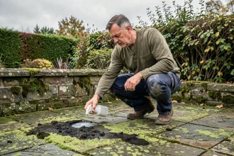 Homme appliquant le produit Jnet Gros Travaux sur une terrasse en pierre recouverte d'algues et de mousses vertes