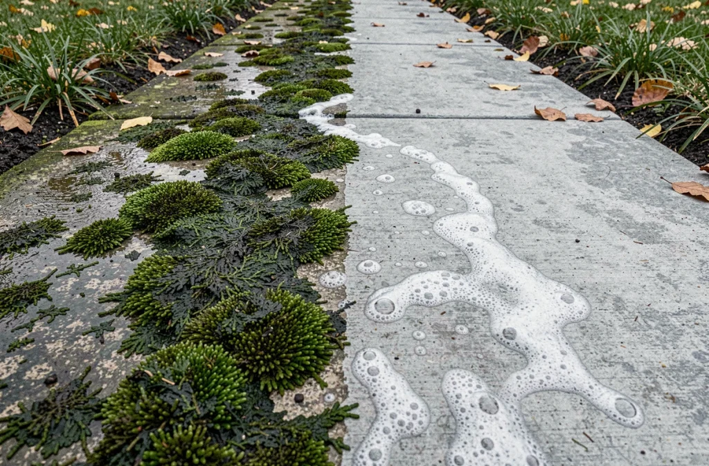 Gros plan sur un chemin en béton montrant l'efficacité du traitement anti-mousse et anti-algues Jnet Gros Travaux