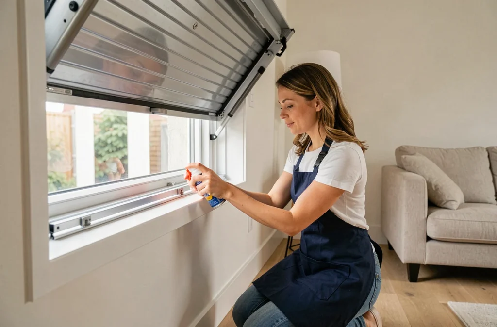 Femme entretenant les rails d'un volet roulant intérieur avec un lubrifiant lors d'une maintenance préventive