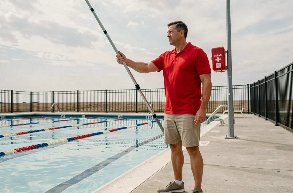 Maître-nageur surveillant une piscine publique avec perche de sauvetage et équipement de sécurité