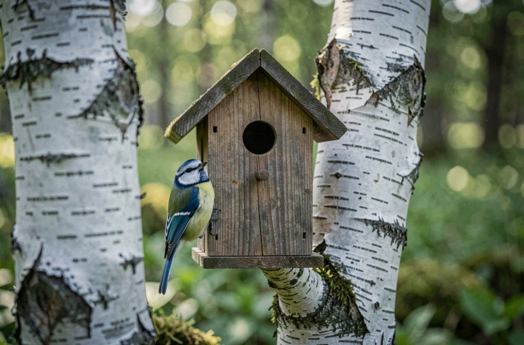 Mésange bleue perchée à l'entrée d'un nichoir en bois fixé sur un bouleau en forêt