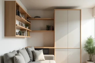 Salon compact avec système de rangement modulable en bois de chêne et bureau escamotable intégré dans une petite pièce optimisée
