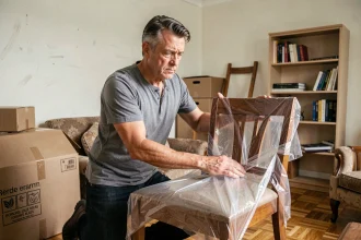 Homme emballant une chaise en bois avec du film étirable dans un salon encombré de cartons avant un déménagement