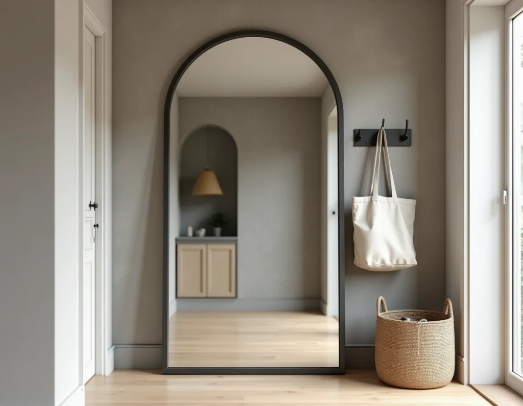 Miroir arche XXL en fer mat appuyé contre un mur en béton brut dans une entrée scandinave minimaliste