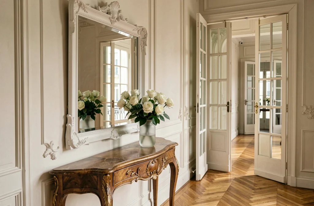Miroir mural XXL à cadre sculpté blanc dans une entrée haussmannienne avec parquet en chevrons et console ancienne