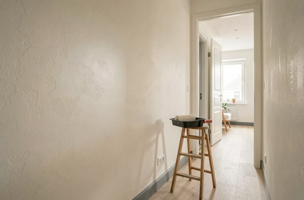 Mur de couloir fraîchement enduit et peint avec de la toile enduite dans un appartement moderne rénové