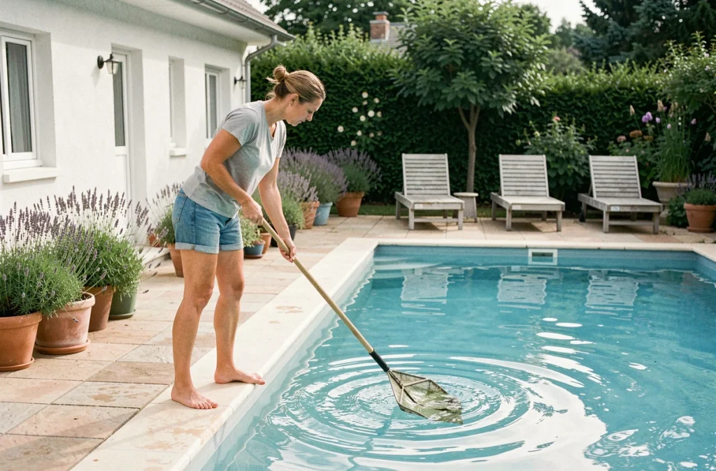 Une femme nettoie la surface de sa piscine familiale avec une épuisette pour retirer les feuilles mortes