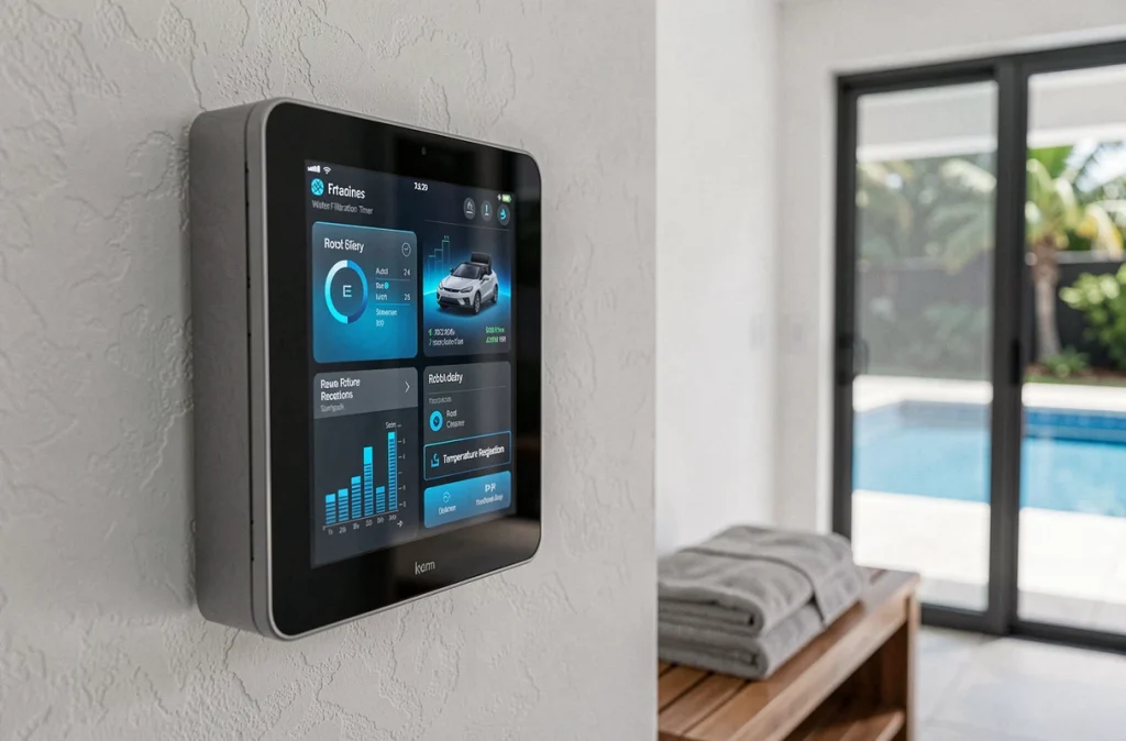 Panneau de contrôle domotique dans un pool house pour automatiser la filtration et le nettoyage de la piscine