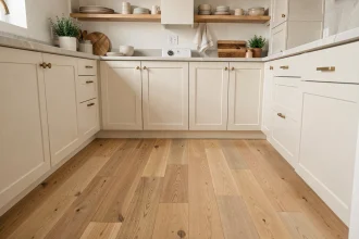 Cuisine moderne avec parquet en chêne clair et meubles blancs mat style Shaker avec poignées en laiton