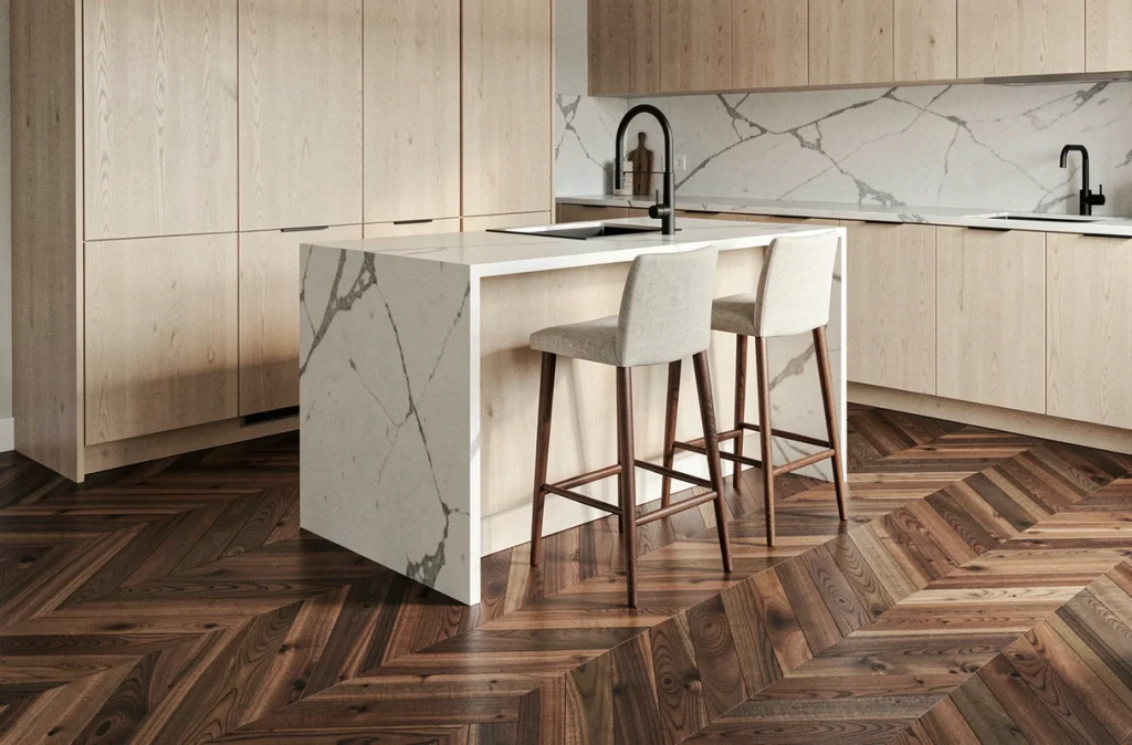 Cuisine scandinave avec parquet en noyer en chevrons et meubles en bouleau clair sur îlot central