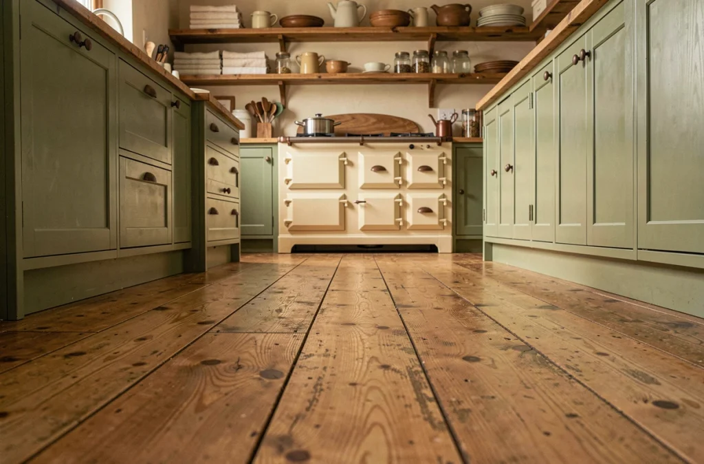 Cuisine campagne avec parquet en pin ancien à larges lames et meubles vert sauge aux poignées en cuivre