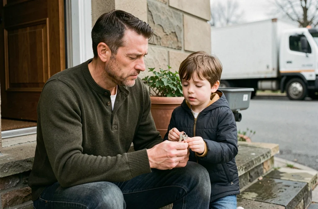 Père et fils assis sur le seuil de leur ancienne maison avant de déménager vers un nouveau foyer