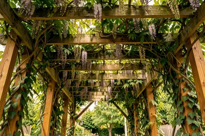 Pergola en bois recouverte de plantes grimpantes créant un coin ombragé dans un jardin résidentiel