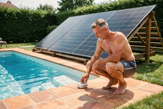 Homme vérifiant la température d'une piscine chauffée par des panneaux solaires thermiques dans un jardin résidentiel