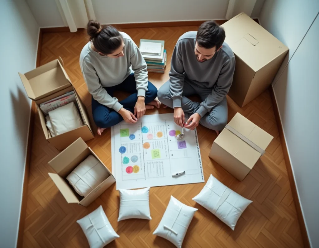 Couple planifiant l'organisation de leurs cartons de déménagement avec étiquettes et matériaux d'emballage