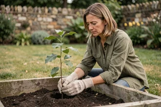 Femme qui plante une jeune haie naturelle de charme dans son jardin pour créer une clôture végétale intimiste