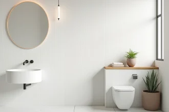 Salle de bain moderne avec plaques PVC blanches mates en remplacement du carrelage, lavabo suspendu et miroir fin