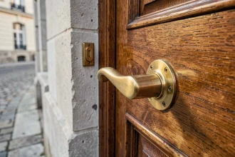 Poignée de porte d'entrée en laiton brossé montée sur une porte en chêne massif, détail macro de la quincaillerie de qualité