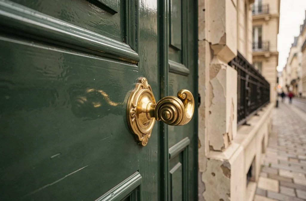 Poignée de porte en laiton poli style vintage sur porte verte d'immeuble haussmannien à Paris
