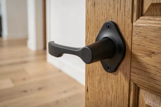 Poignée de porte levier en acier brossé noir mat montée sur une porte en chêne massif dans un couloir moderne