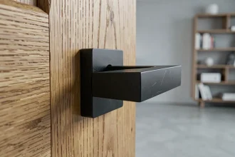 Poignée de porte noire matte design minimaliste sur porte en chêne dans un intérieur scandinave épuré