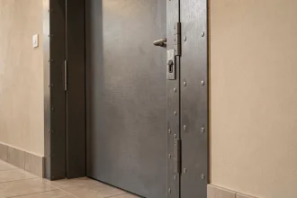 Porte blindée anthracite avec serrure multipoints installée dans le couloir d'un appartement moderne