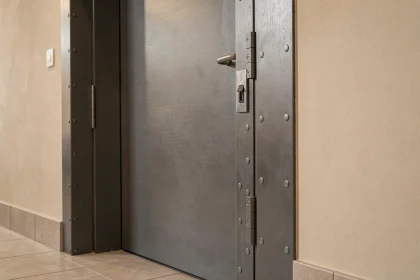 Porte blindée anthracite avec serrure multipoints installée dans le couloir d'un appartement moderne