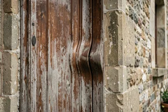 Porte extérieure en bois gonflée et déformée par l'humidité et la pluie sur une façade en pierre