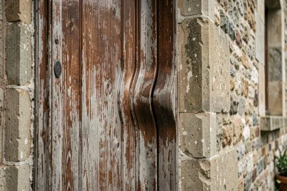 Porte extérieure en bois gonflée et déformée par l'humidité et la pluie sur une façade en pierre