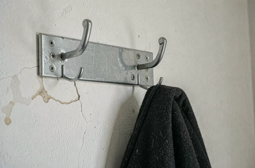 Détail d'un porte-manteau mural en métal mal fixé avec vis inégales et fissures dans le mur, erreur d'installation