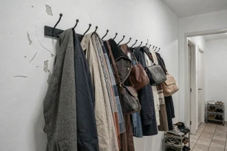 Porte-manteau mural en métal surchargé de vêtements dans une entrée encombrée, erreur de décoration courante