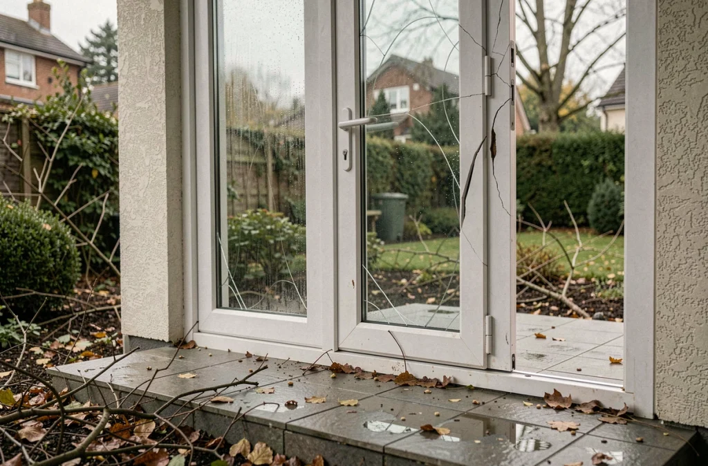 Porte extérieure PVC endommagée par le vent et une tempête dans un jardin après intempéries