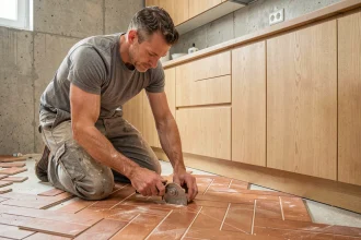 Carreleur posant du carrelage en chevron autour d'un meuble de cuisine fixe, mesurant et coupant les carreaux avec précision