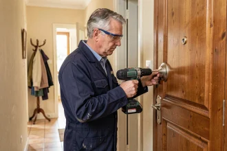 Serrurier professionnel en train de poser un judas optique sur une porte d'entrée en bois dans un couloir d'appartement