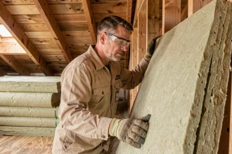 Ouvrier posant un rouleau d'isolant thermique en laine minérale dans un grenier non fini avec poutres en bois apparentes