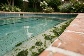 Prolifération d'algues vertes sur les parois et le fond d'une piscine résidentielle avec eau légèrement trouble
